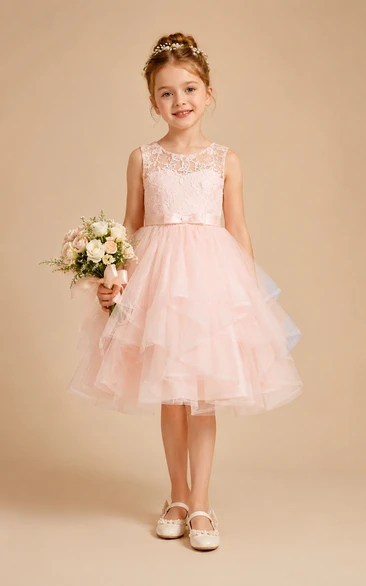 Blushing Pink Tea-Length A-Line Lace Flower Girl Dress with Ruffles