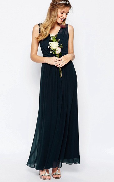 A-Line V-Neck Ankle-Length Pleated Sleeveless Chiffon Bridesmaid Dress