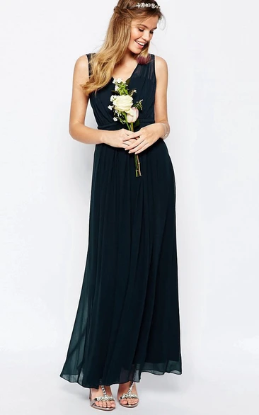 A-Line V-Neck Ankle-Length Pleated Sleeveless Chiffon Bridesmaid Dress