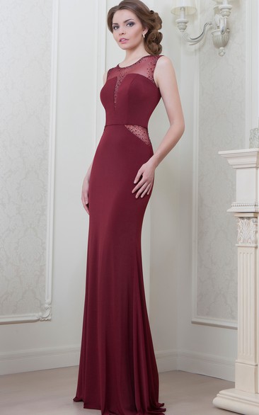 Sheath Scoop-Neck Sleeveless Beaded Maxi Chiffon Evening Dress