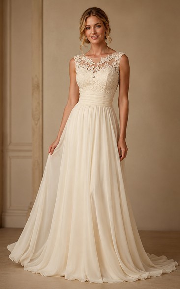 Elegantes, ärmelloses Chiffon-Abendkleid mit Spitzenapplikationen, langes Kleid