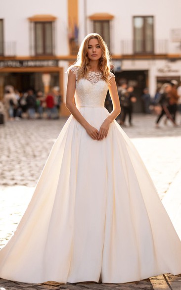 Cap A-line Empire Satin Elegant Wedding Dress with Lace Top