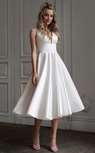 Satin Empire A-line Short Tea-length Wedding Dress with Low-v Back