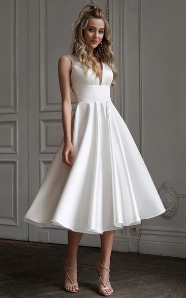 Satin Empire A-line Short Tea-length Wedding Dress with Low-v Back