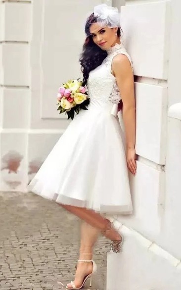High-neck Lace Keyhole A-line Knee-length Wedding Dress