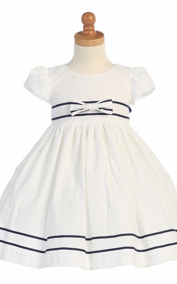 Tea-Length Tiered Pleated Flower Girl Dress With Sash