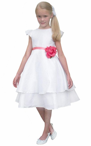 Tea-Length Cap-Sleeve Taffeta Flower Girl Dress