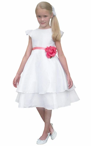 Tea-Length Cap-Sleeve Taffeta Flower Girl Dress