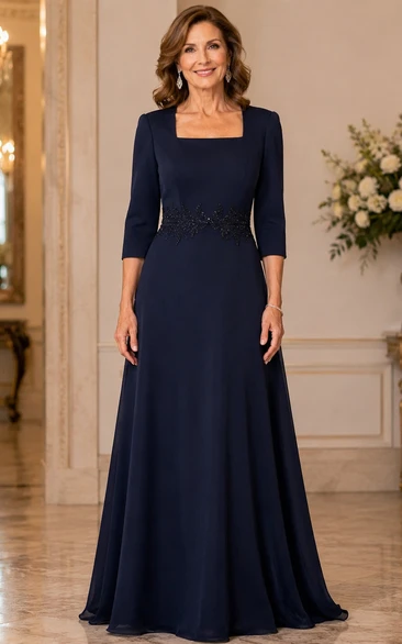 Dark Navy Square Neck Mother Gown Dark Navy Square A-Line Floor-length