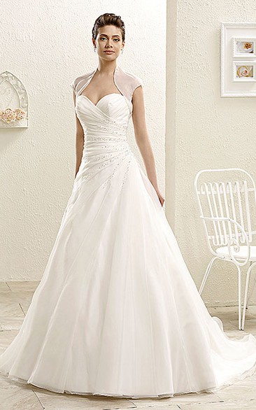 A-Line Cap-Sleeve Sweetheart Beaded Long Wedding Dress With Cape And Criss Cross