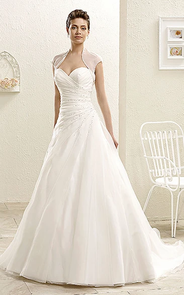 A-Line Cap-Sleeve Sweetheart Beaded Long Wedding Dress With Cape And Criss Cross