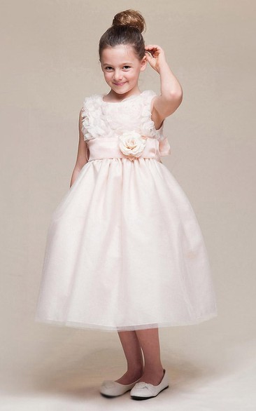 Tea-Length Floral Tiered Empire Tulle Flower Girl Dress With Embroidery