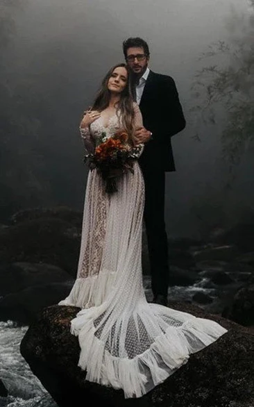 Country Ethereal Illusion V-neck Long Sleeve Boho Wedding Dress with Deep-v Back