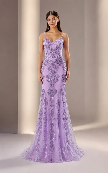 Tulle Prom Dress in Lavender, Spaghetti Strap, Sweetheart Mermaid Floor-Length Gown with Appliques and Lace