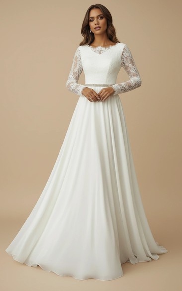 Bateau-neck Lace Long Sleeve Sheath Wedding Dress