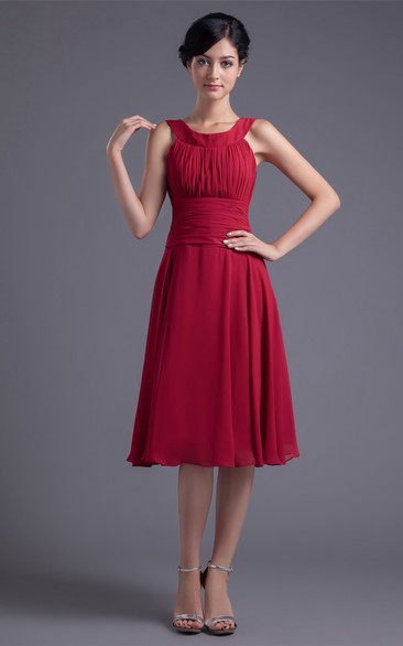 Glam Sleeveless Midi Scoop Neck Chiffon Satin Bridesmaid Dresses