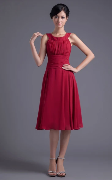 Glam Sleeveless Midi Scoop Neck Chiffon Satin Bridesmaid Dresses