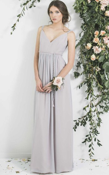 Sleeveless V-Neck Ribboned Chiffon Bridesmaid Dress With Pleats