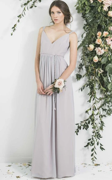 Sleeveless V-Neck Ribboned Chiffon Bridesmaid Dress With Pleats