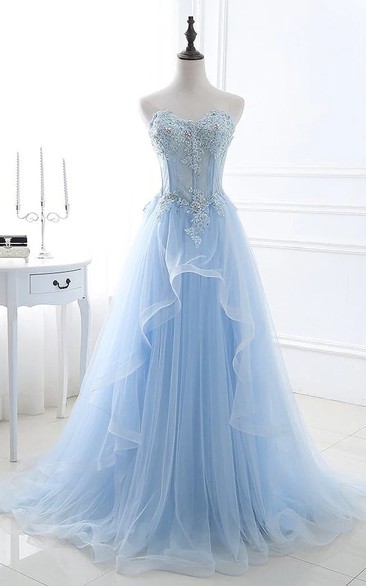 Light Blue Strapless Floral Ball Gown with Ruffles