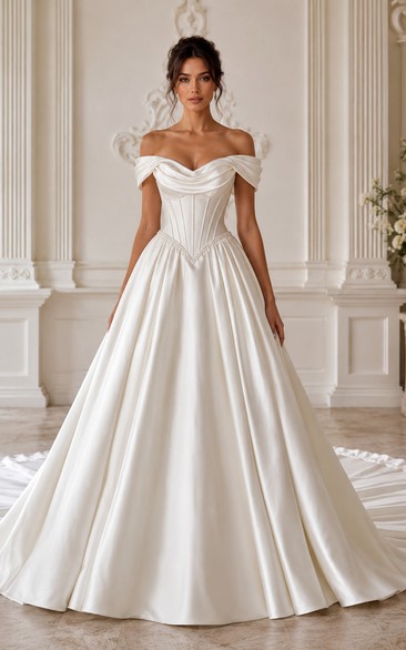 Off Shoulder Satin Ball Gown Older Brides Wedding Dress with Chapel Train
