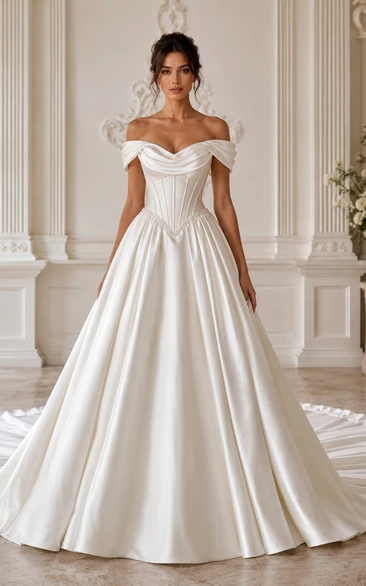 Off Shoulder Satin Ball Gown Older Brides Wedding Dress with Chapel Train