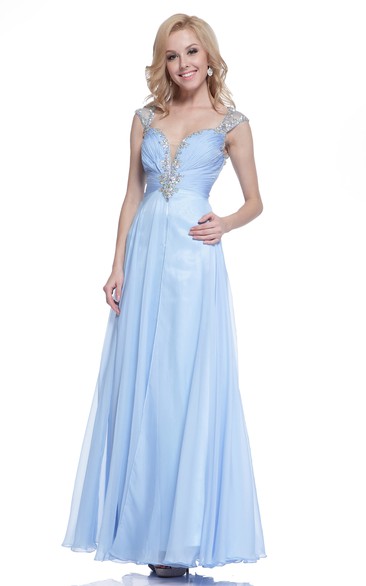 A-Line Ankle-Length Queen Anne Keyhole Dress With Ruching And Beading