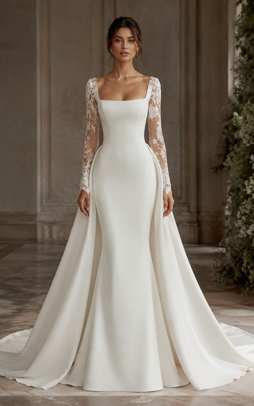 Long Sleeve Satin Mermaid Older Brides Wedding Dress with Lace Illusion Sleeves