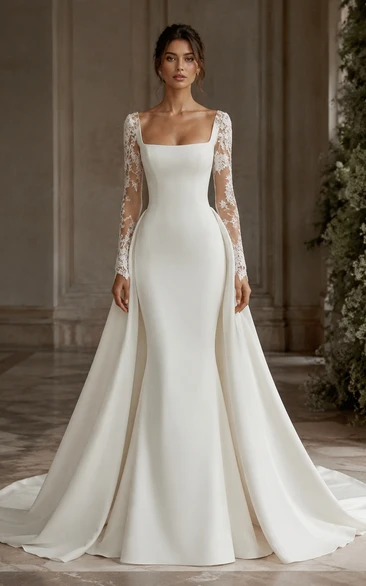Long Sleeve Satin Mermaid Older Brides Wedding Dress with Lace Illusion Sleeves