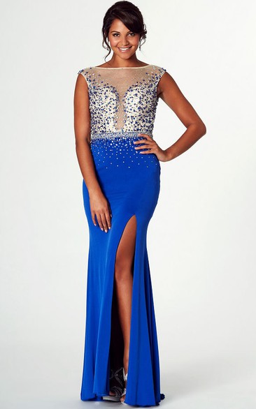 Beaded Bateau Neck Sleeveless Jersey Prom Dress