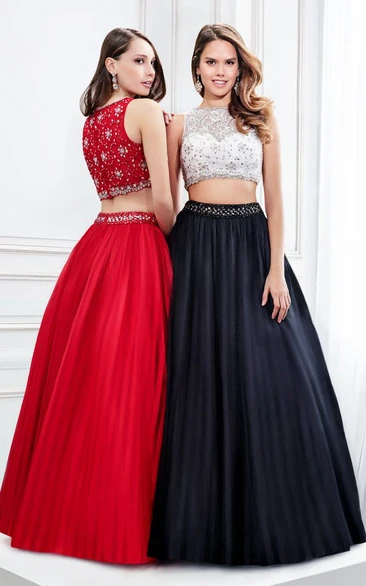 A-Line Sleeveless Jewel Neck Beaded Satin Prom Dress With Pleats