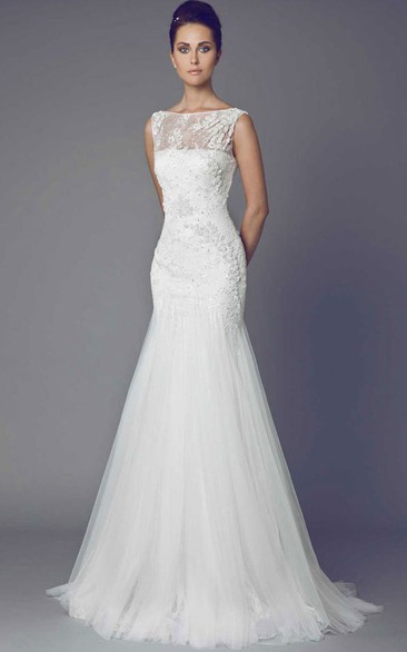 Bateau Floor-Length Appliqued Tulle Wedding Dress With Brush Train And V Back
