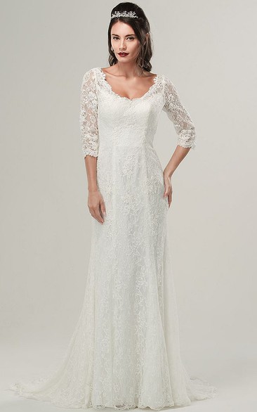 V-Neck Floor-Length Half Sleeve Lace Modest Wedding Dress With Brush Train And Lace Up