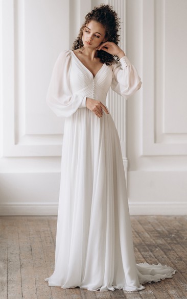 Chiffon Puffy Long Sleeve Plus Size Empire Church Wedding Dress ...