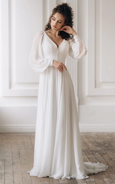 Chiffon Puffy Long Sleeve Plus Size Empire Church Wedding Dress