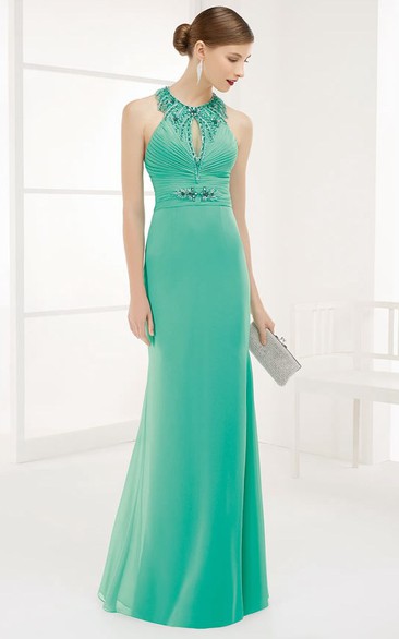 Crystal High Neck Front Keyhole Chiffon Long Prom Dress With Back Spaghetti Straps