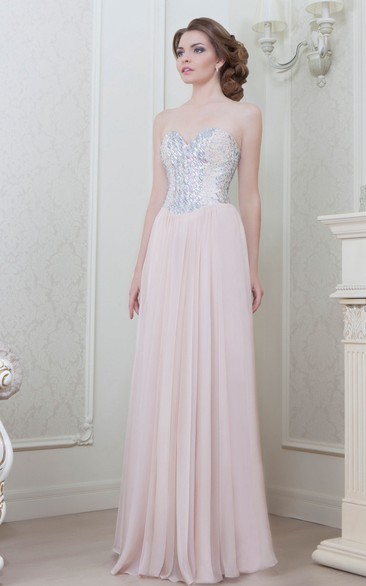 A-Line Beaded Sleeveless Sweetheart Floor-Length Chiffon Evening Dress With Pleats