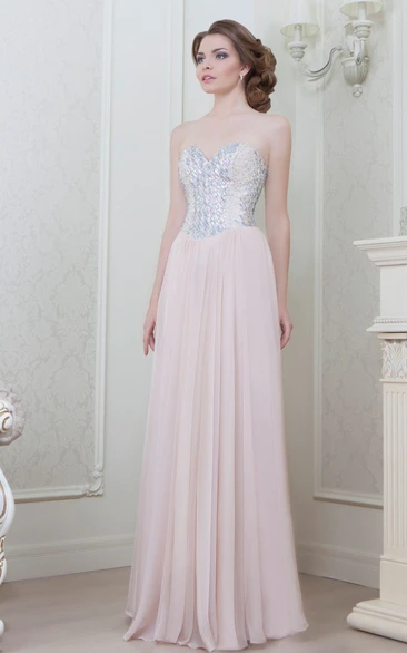 A-Line Beaded Sleeveless Sweetheart Floor-Length Chiffon Evening Dress With Pleats