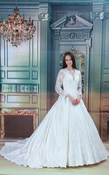 Plunged Lace Long-Sleeve Illusion and Ball-Gown With Beading