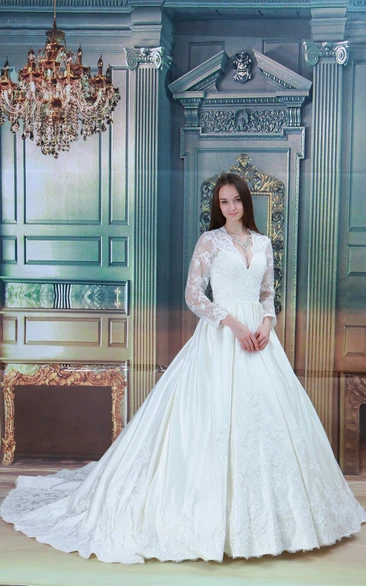 Plunged Lace Long-Sleeve Illusion and Ball-Gown With Beading