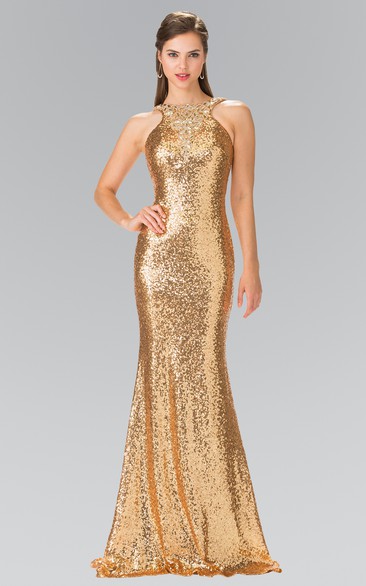 Sheath Floor-Length Jewel-Neck Sleeveless Sequins Dress