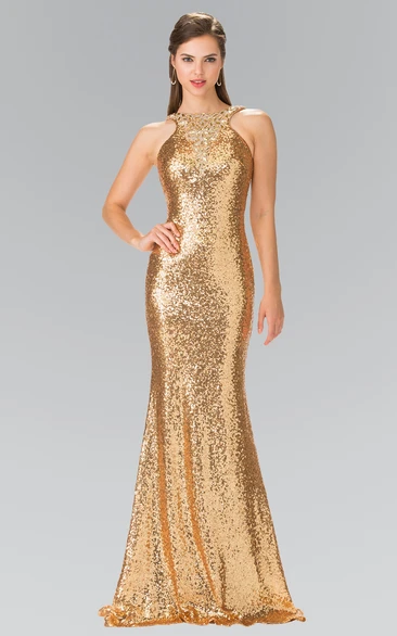 Sheath Floor-Length Jewel-Neck Sleeveless Sequins Dress