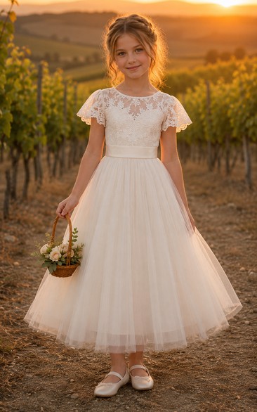 Country Tea-length Cap Sleeve Lace Tulle Flower Girl Dress