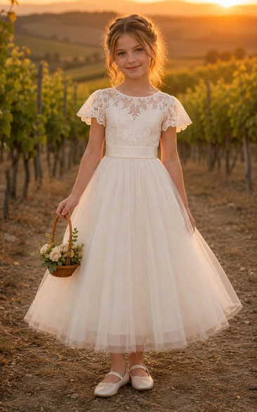 Country Tea-length Cap Sleeve Lace Tulle Flower Girl Dress