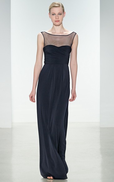 Pencil Sleeveless Ruched Long Bateau-Neck Chiffon Bridesmaid Dress