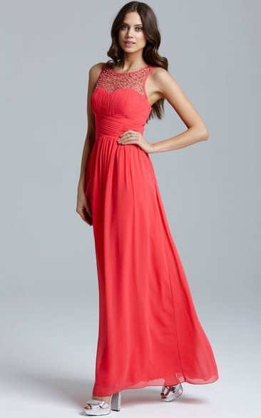 Ankle-Length Scoop Neck Ruched Sleeveless Chiffon Bridesmaid Dress