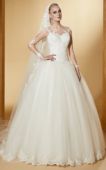 Elegant Long-Sleeve Ball Gown With Illusive Design And Lace Bodice