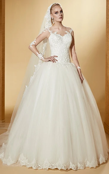 Elegant Long-Sleeve Ball Gown With Illusive Design And Lace Bodice