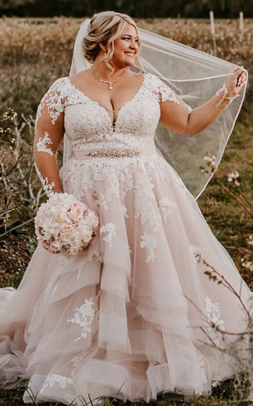 Plus size pink wedding dresses with sleeves best sale