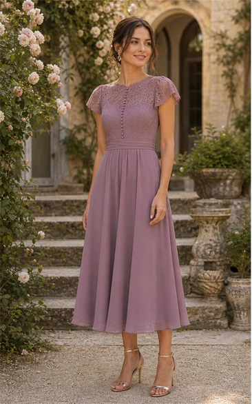 Mauve A-Line Lace Bodice Tea-Length Mother Dress